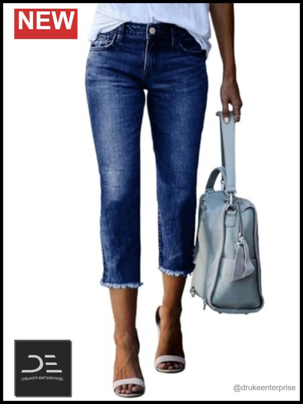 High Waisted Straight Leg Raw Hem Capri Jeans Cotton Polyester Blend